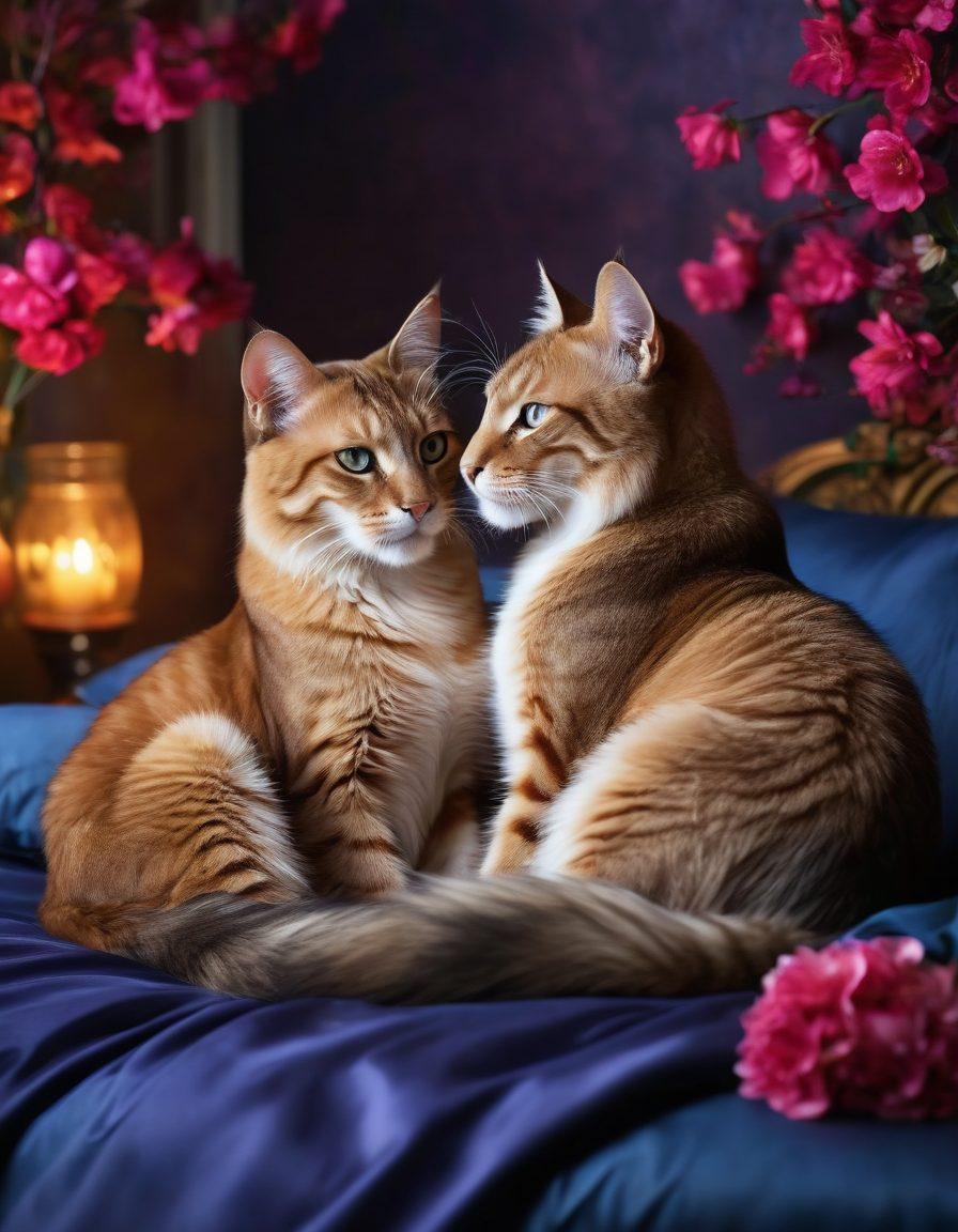 A captivating scene of two elegant felines entwined in a passionate embrace under a moonlit sky, their glowing eyes reflecting an intense desire. Surround them with soft, flowing silk sheets and delicate flower petals, creating an atmosphere of romance and intimacy. Include subtle hints of playful mischief in their expressions, showcasing their fierce yet tender natures. Use deep jewel tones to enhance the sensuality of the scene. super-realistic. vibrant colors.