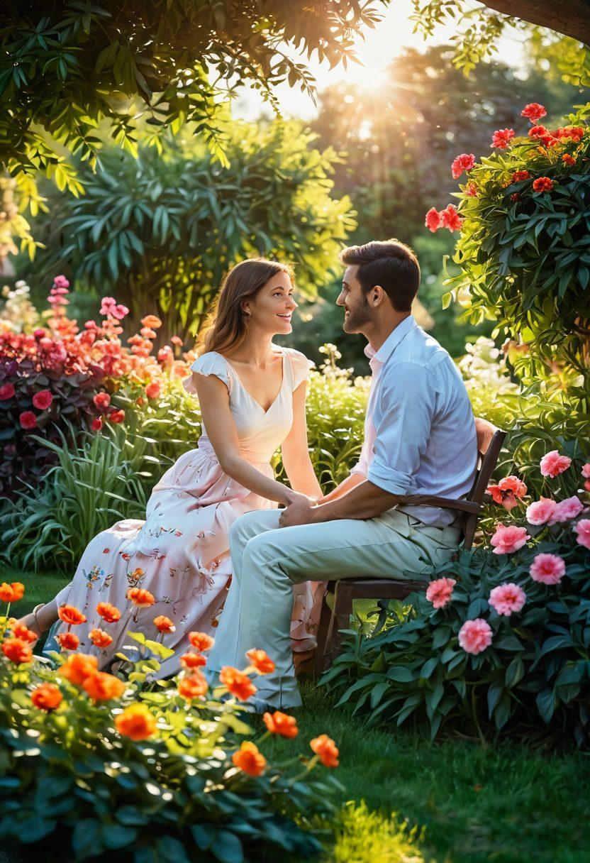 A captivating scene of two people in a lush, sunlit garden, engrossed in conversation, with vibrant flowers blooming around them. The backdrop features a gentle breeze swaying the leaves, creating an atmosphere of intimacy and connection. Add soft bokeh effects to enhance the emotional depth, surrounded by hints of sunset hues in the sky. painting. vibrant colors. soft focus.