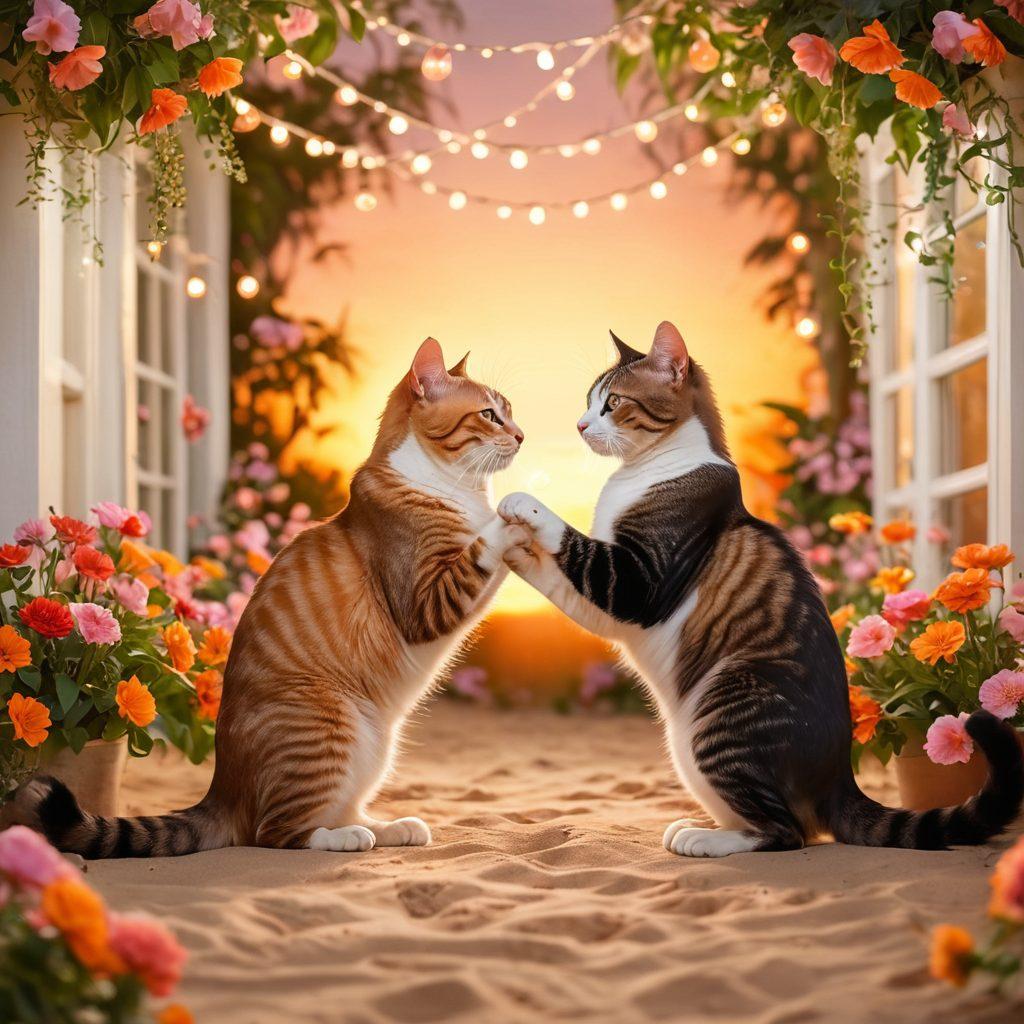 A whimsical scene of two playful cats entwined, surrounded by lush, vibrant flowers and twinkling fairy lights, radiating a sense of intimacy and flirtation. The background features soft, warm colors of sunset, creating a romantic atmosphere, with delicate paw prints scattered playfully on a sandy surface. The cats are showing affection, engaged in a dance-like pose, symbolizing feline romance. vector art. vibrant colors. dreamy background.
